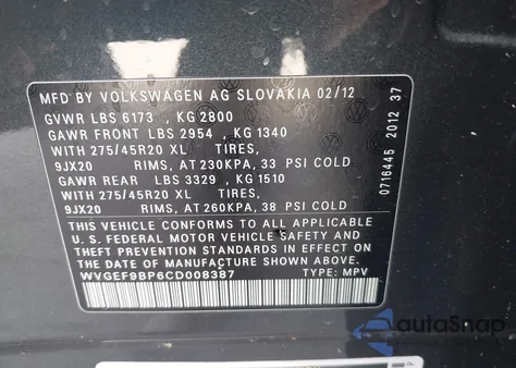 2012 Volkswagen Touareg Vr6 Executive z USA, uszkodzony, nr VIN WVGEF9BP6CD008387